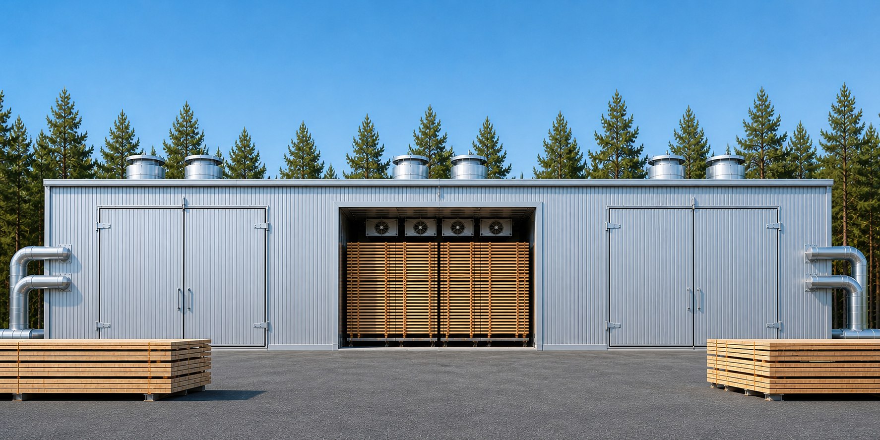 Outdoor industrial timber drying building with three chambers