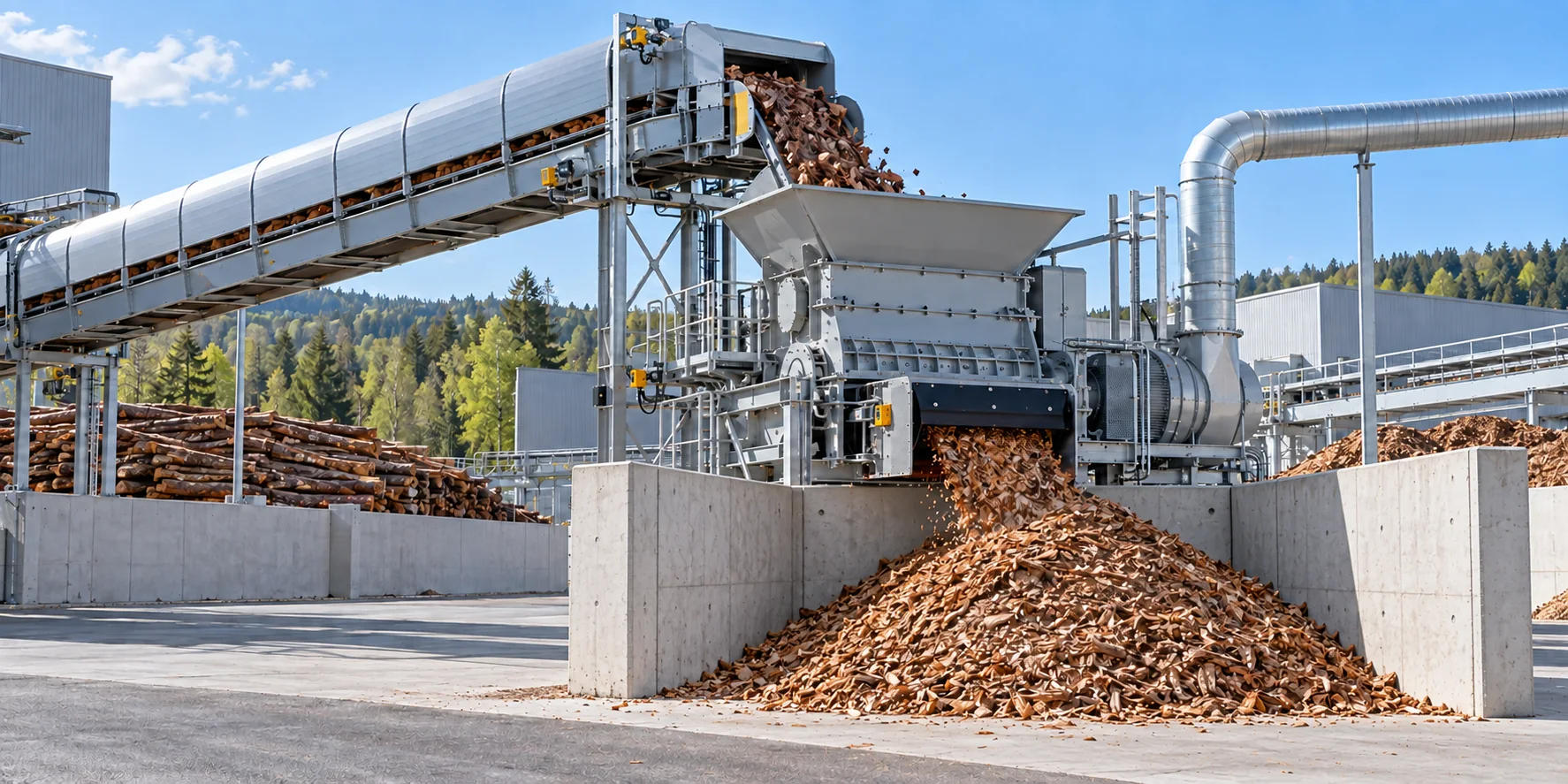 Modern industrial conveyor and bark crusher feeding a concrete storage bunker with open loader access