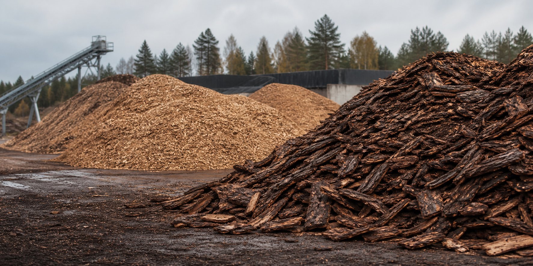Piles of bark and wood chips at a Nordic wood-industry site